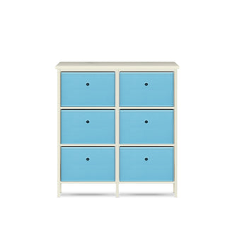 6 Drawer Pine Wood Storage Chest Sky Blue Fabric Baskets 70 x 80cm