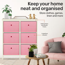 6 Drawer Pine Wood Storage Chest Pink Fabric Baskets 70 x 80cm