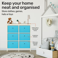 6 Drawer Pine Wood Storage Chest Sky Blue Fabric Baskets 70 x 80cm